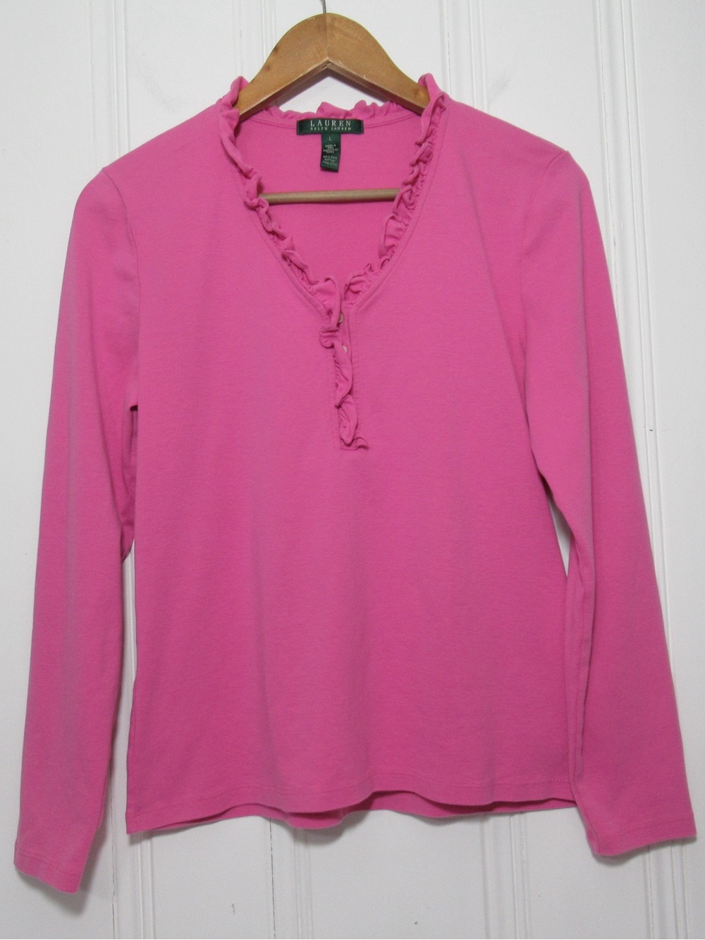 Lauren Ralph Lauren Pink Pima Cotton Ruffle V Neck Long Sleeve Top Size Large